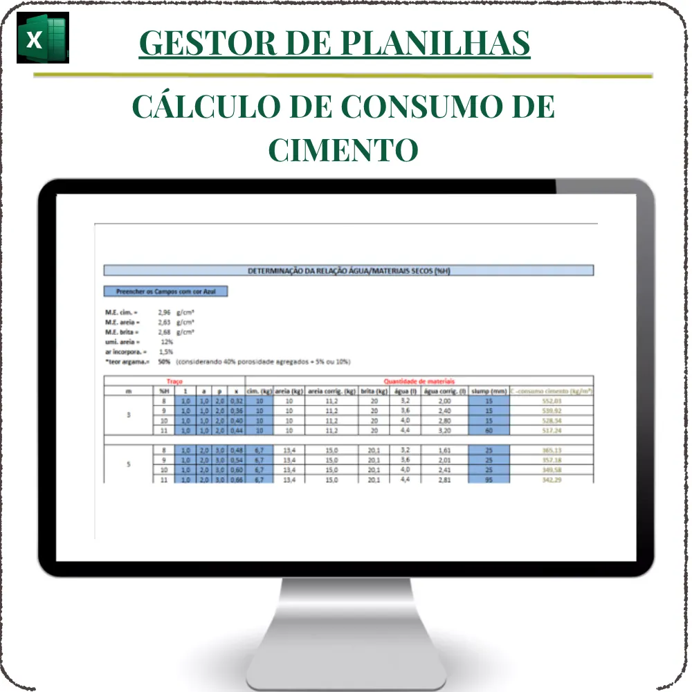Panilha Cálculo de Consumo de Cimento em Excel