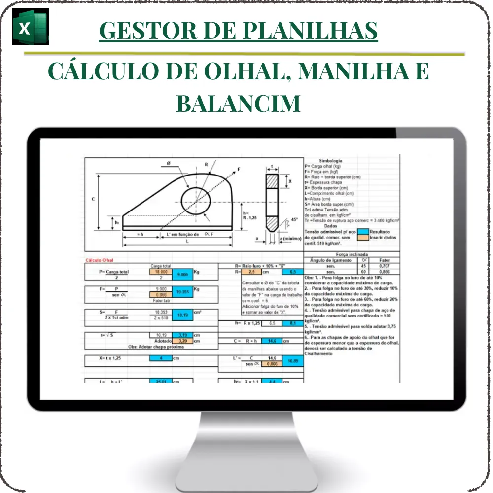 Planilha de Cálculo de Olhal, Manilha e Balancim em Excel