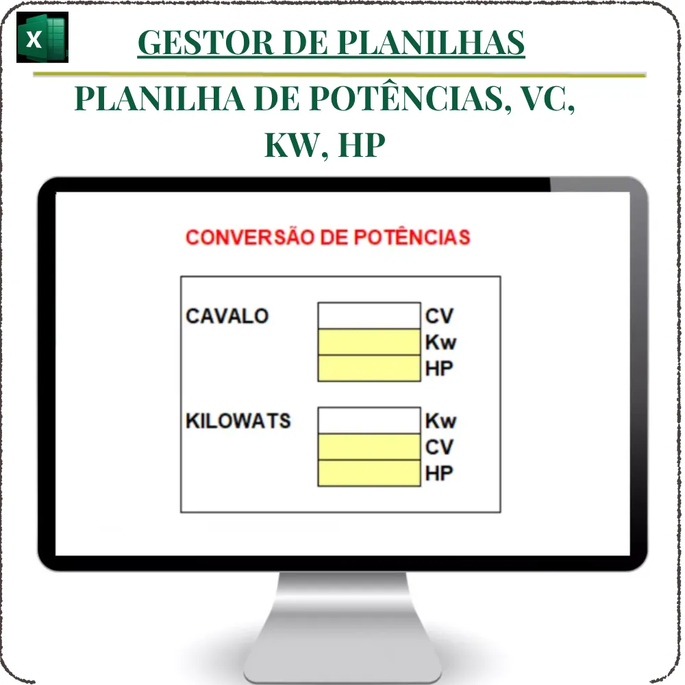 Planilha de Potências ,VC, KW, HP em Excel