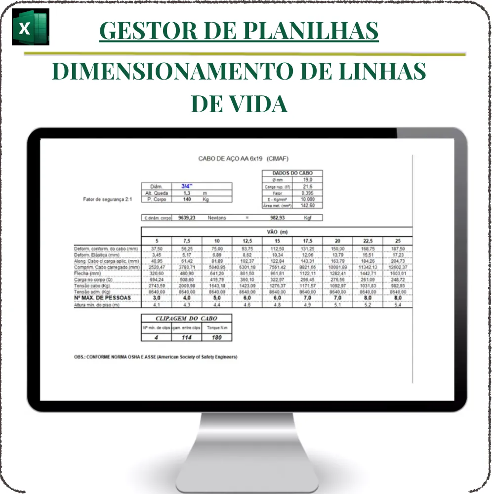Planilha Dimensionamento de Linhas de Vida em Excel