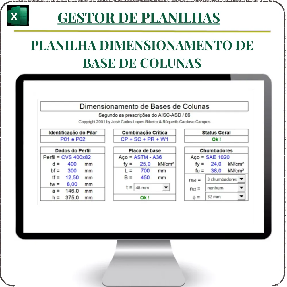 Planilha Dimensionamento de bases de colunas em Excel