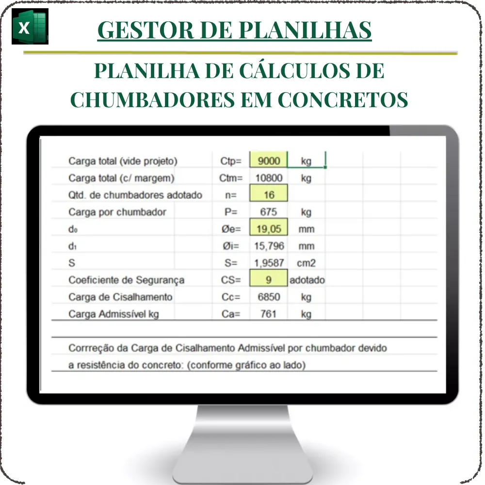 Planilha Cálculo de Chumbadores no Concreto em Excel