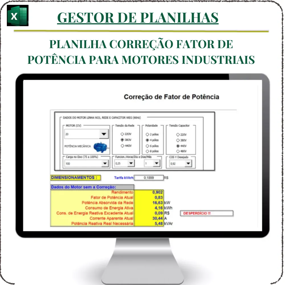 Planilha Correção Fator de Potência Para motores industriais em Excel