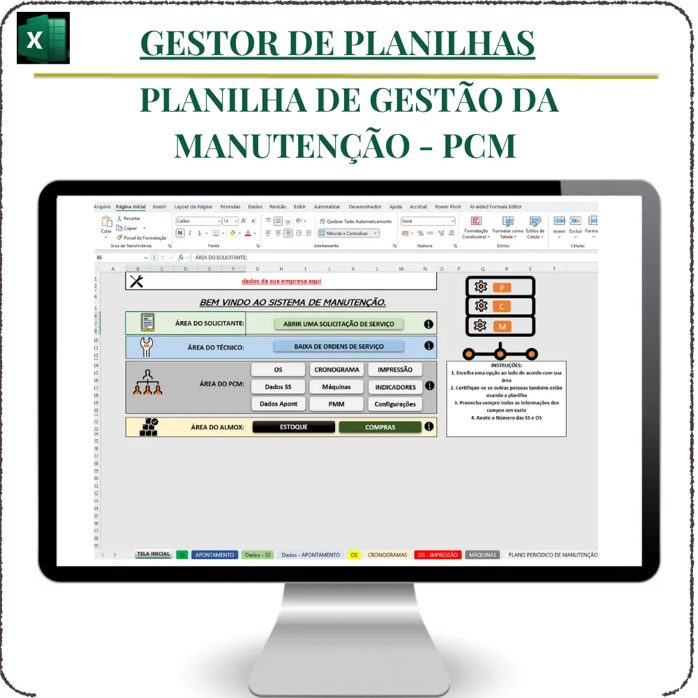 Planilha de gestão da manutenção - PCM Completa em Excel