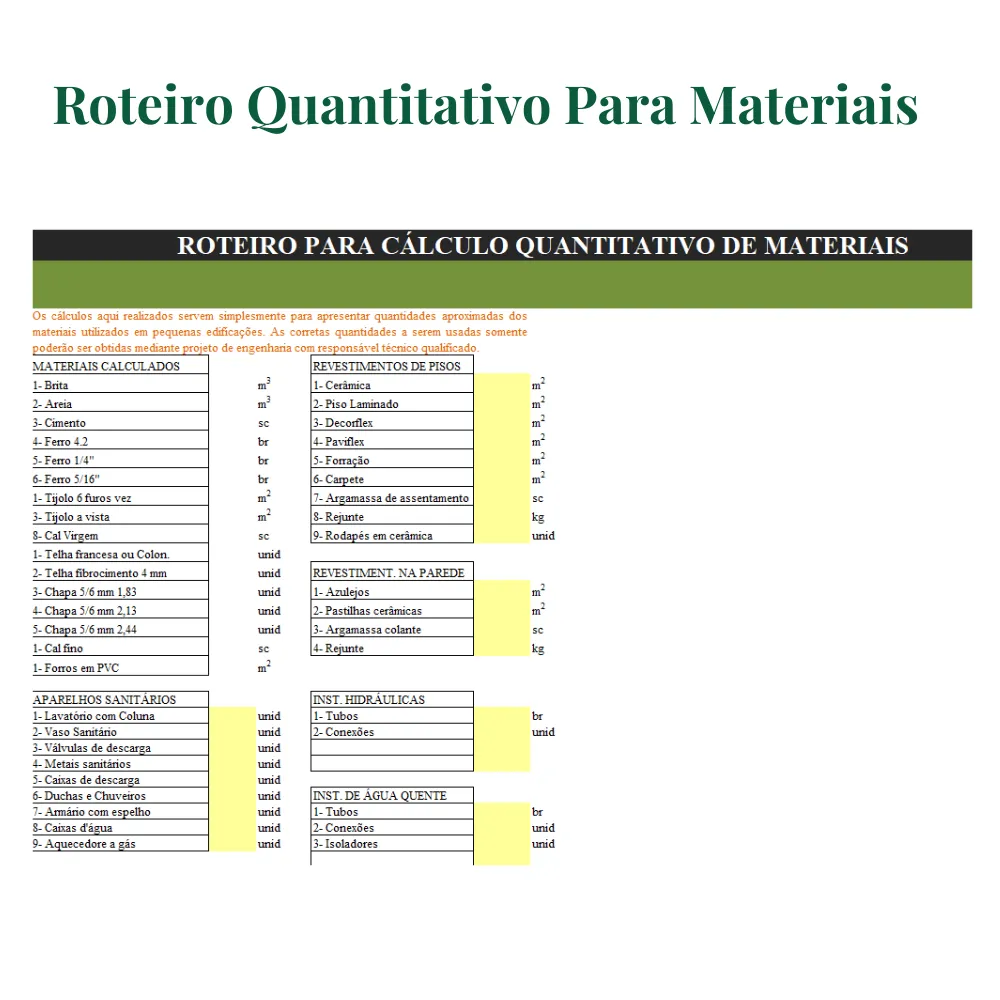 Planilha para Cálculo Quantitativo de Materiais Civis - Imagem 2