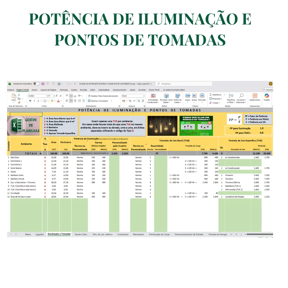 Planilha de Projeto Elétrico Residencial Completa em Excel - Imagem 5